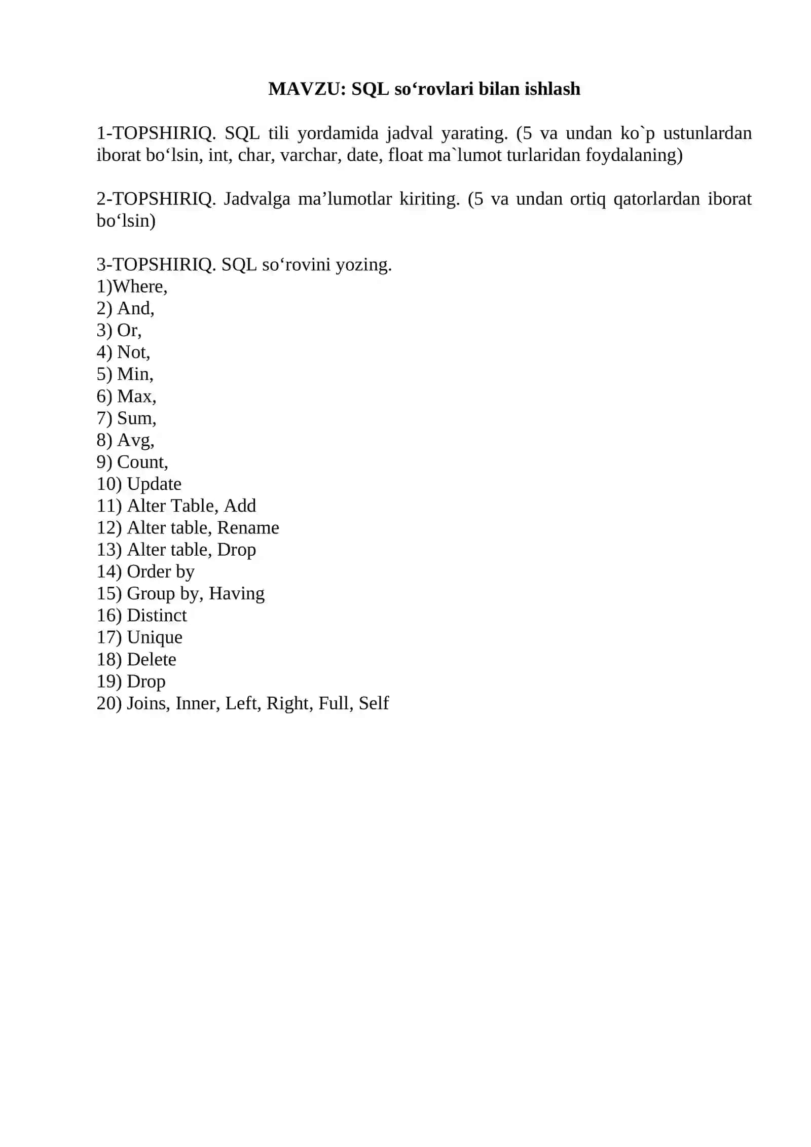 SQL so‘rovlari bilan ishlash 2