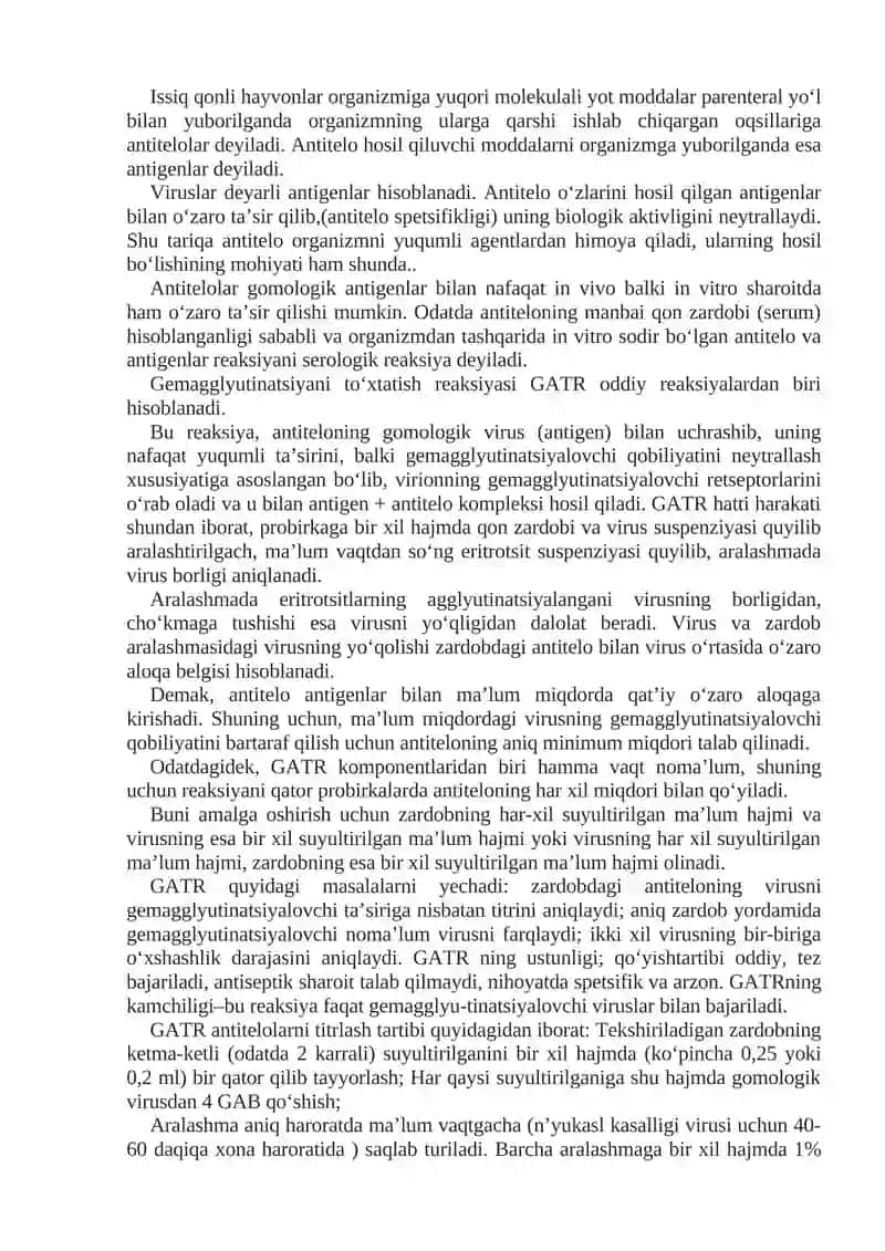 Viruslar uchun gemagglyutinatsiyani to‘xtatish reaksiyasi (GATR) yordamida antitelolarni titrlash 2