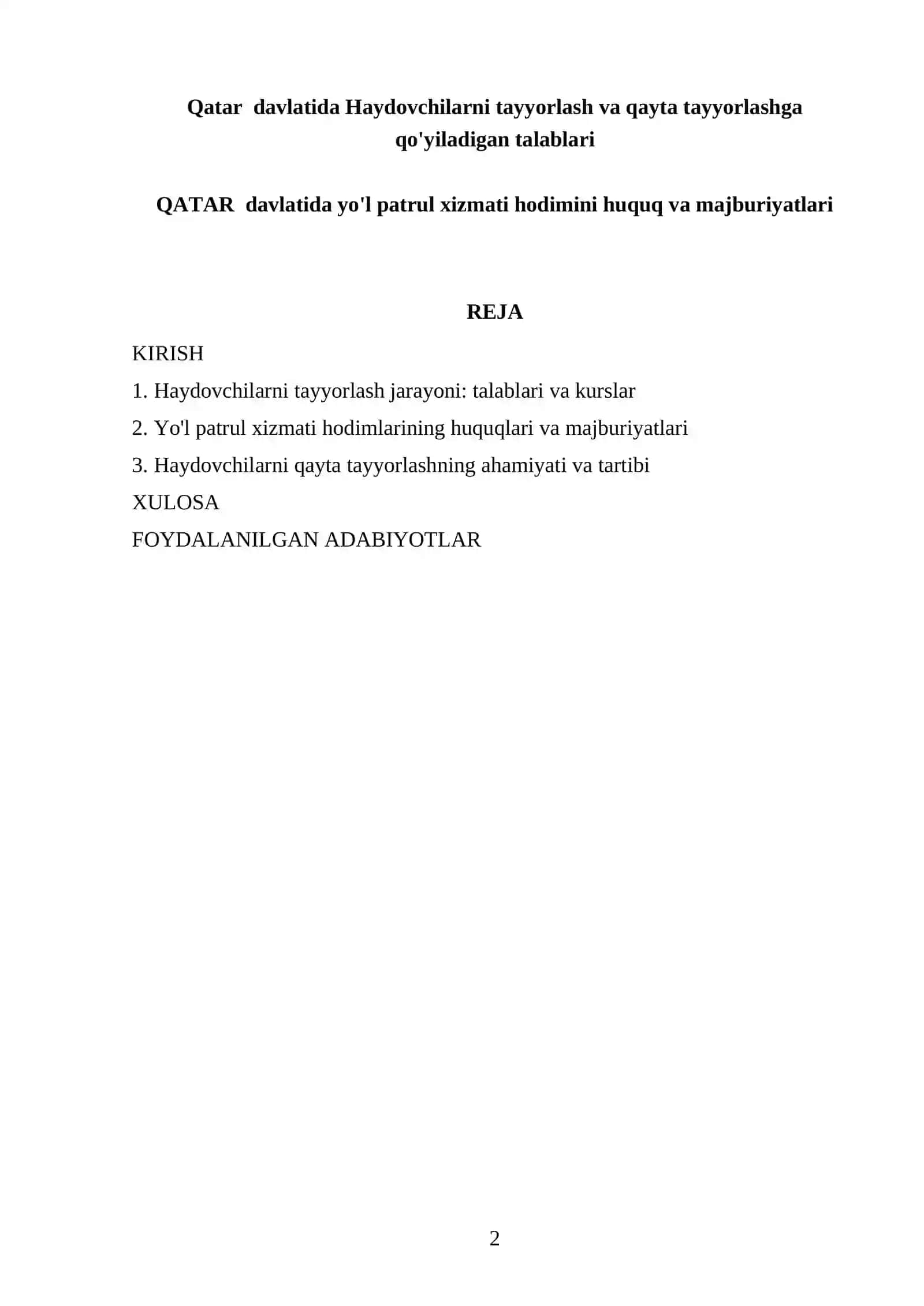 Qatar davlatida Haydovchilarni tayyorlash va qayta tayyorlashga qo'yiladigan talablari 2