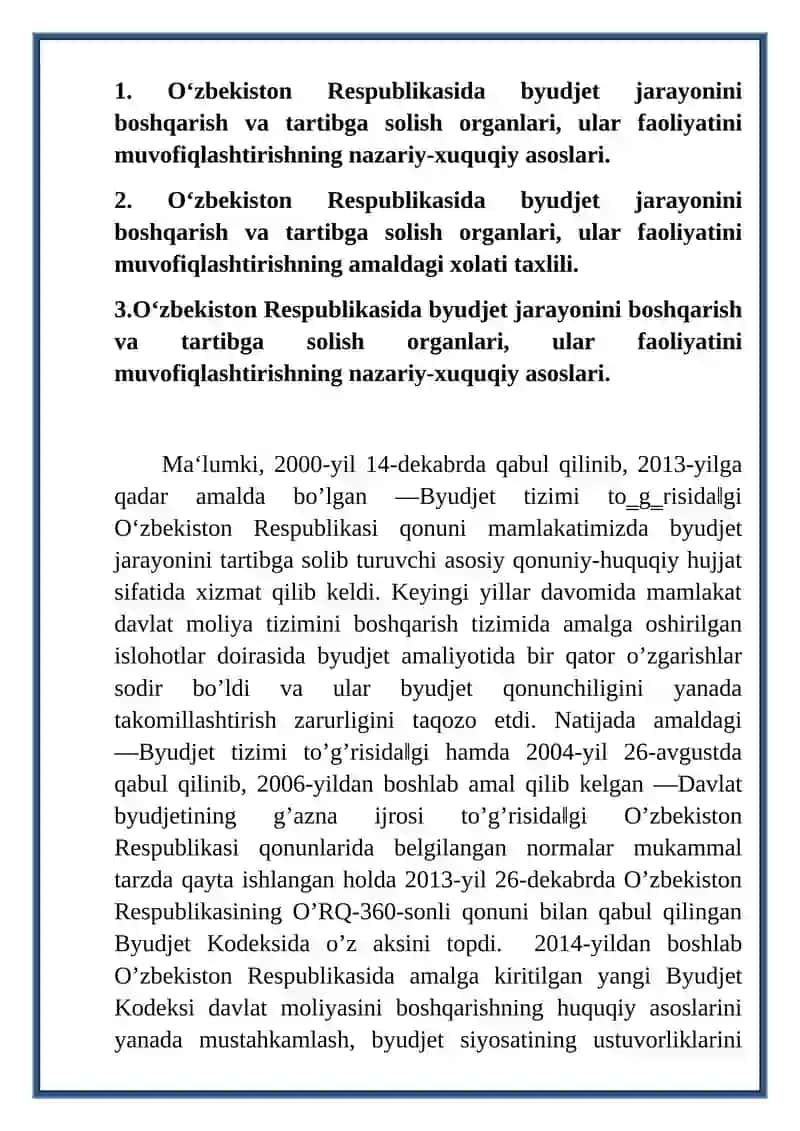 Oʻzbekiston Respublikasida byudjet jarayonini boshqarish va tartibga solish organlari, ular faoliyatini muvofiqlashtirish 2