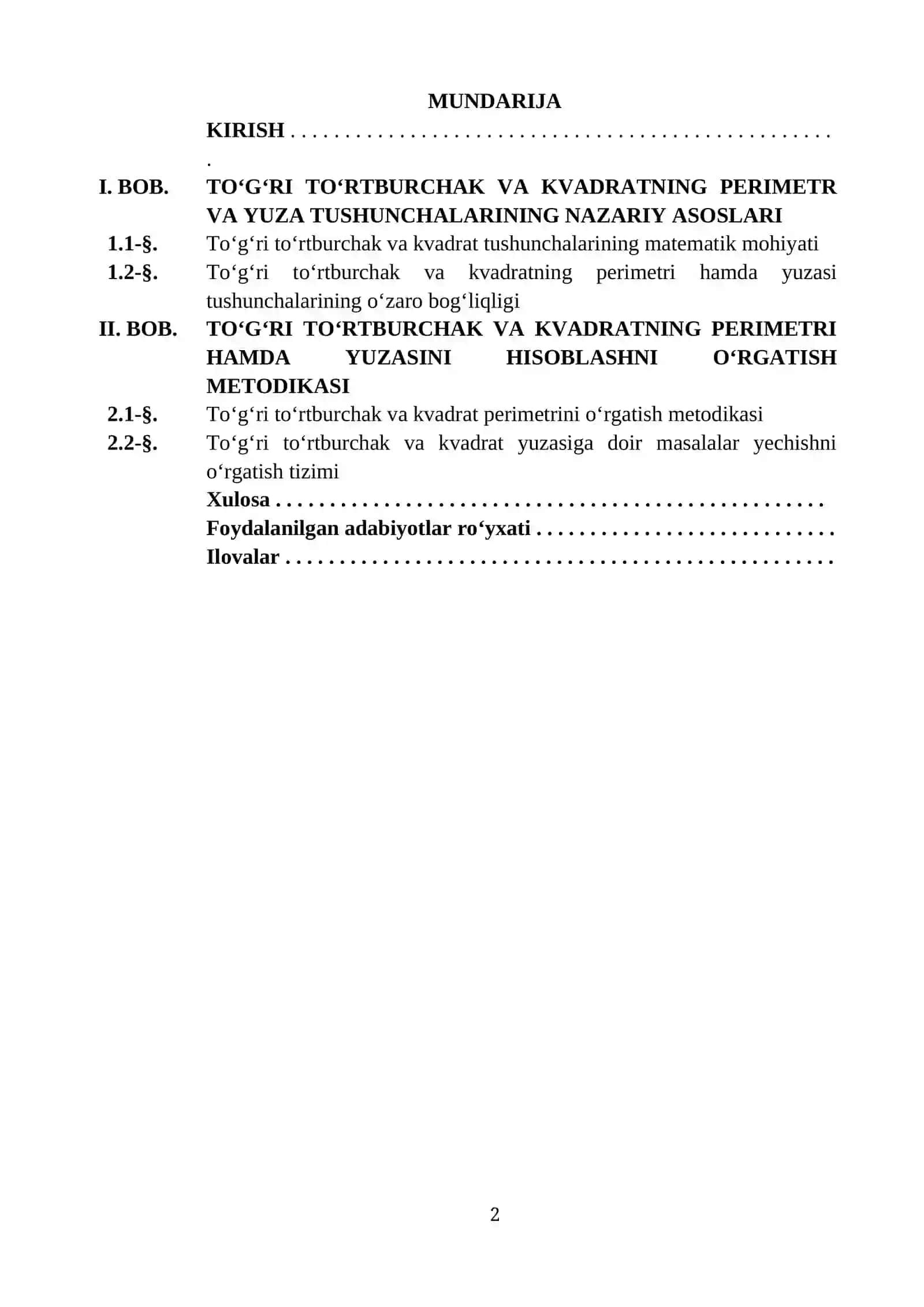 “TO‘G‘RI TO‘RTBURCHAK VA KVADRATNING PERIMETRINI, YUZAGA DOIR MASALALAR YECHISHGA O‘RGATISH” MAVZUSIDA TAYYORLAGAN KURS ISHI 2