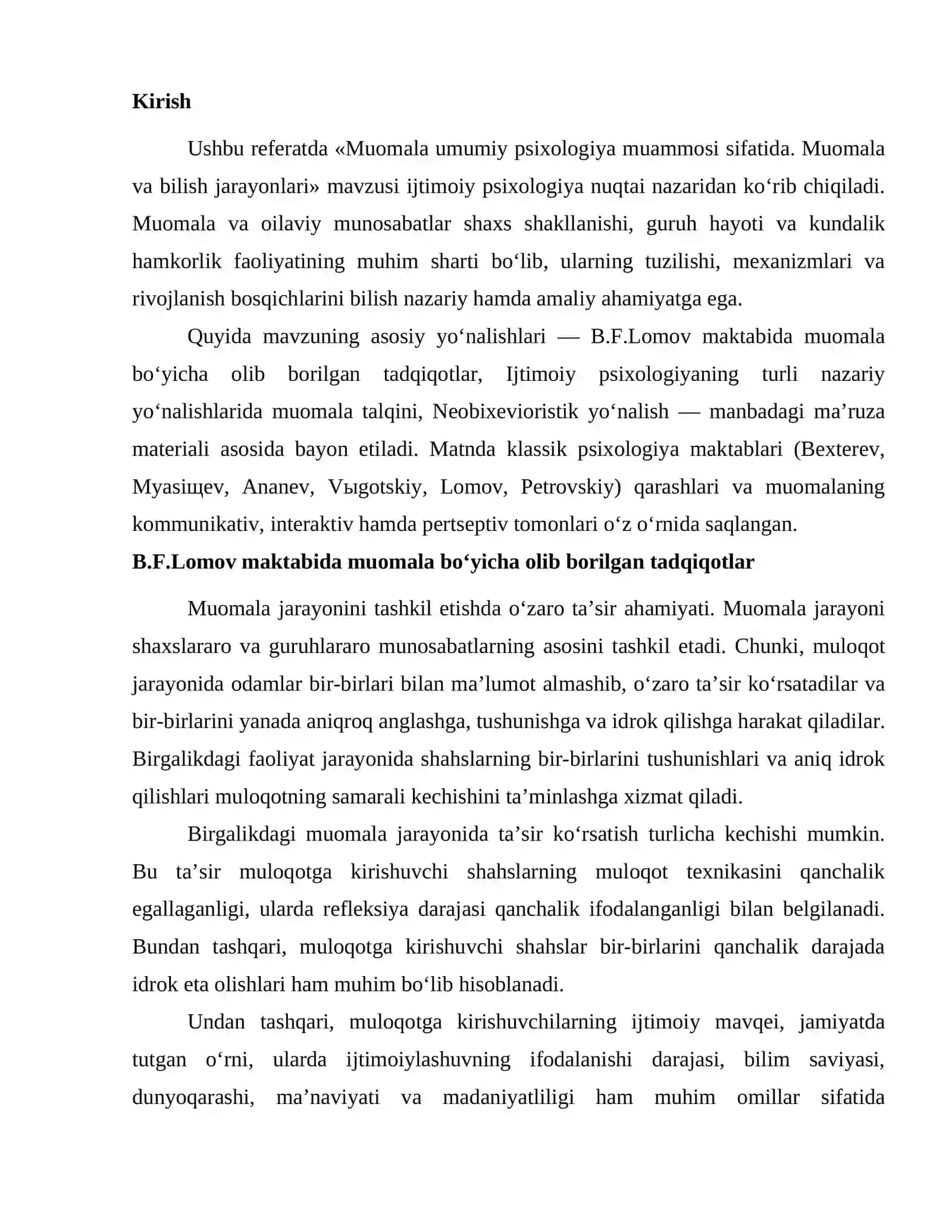 Muomala umumiy psixologiya muammosi sifatida. Muomala va bilish jarayonlari 2