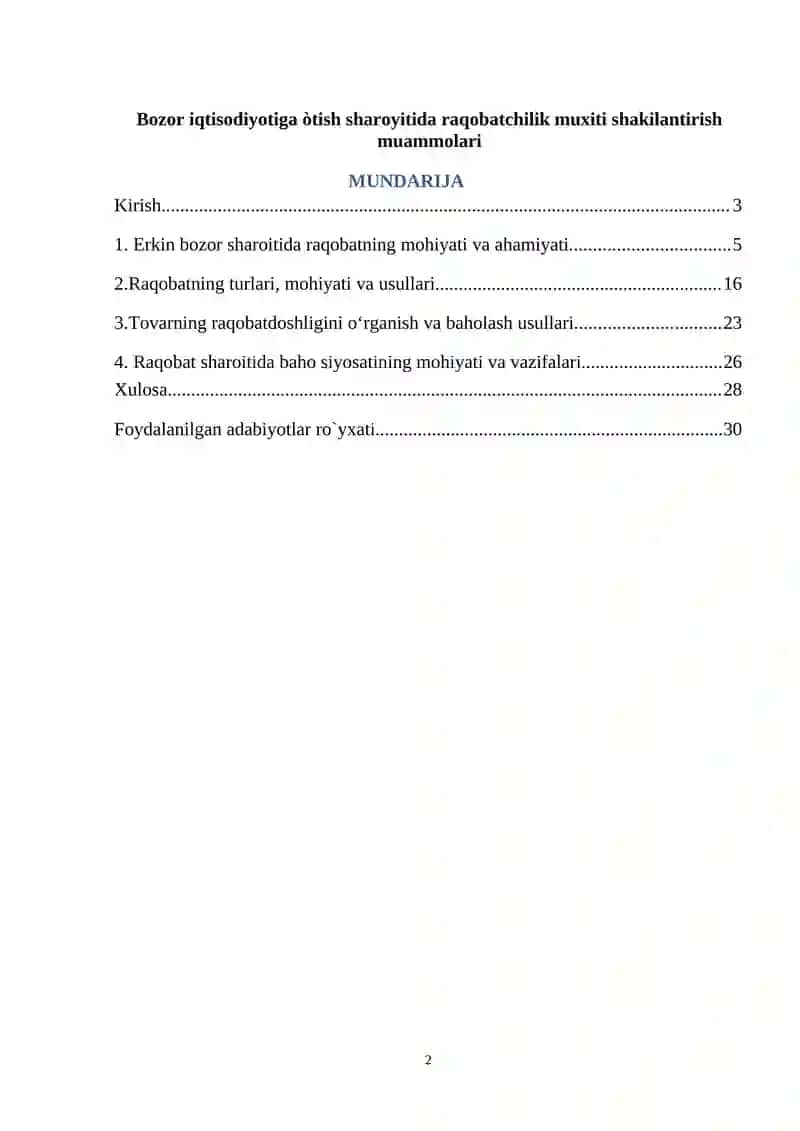 Bozor iqtisodiyotiga òtish sharoyitida raqobatchilik muxiti shakilantirish muammolari 2