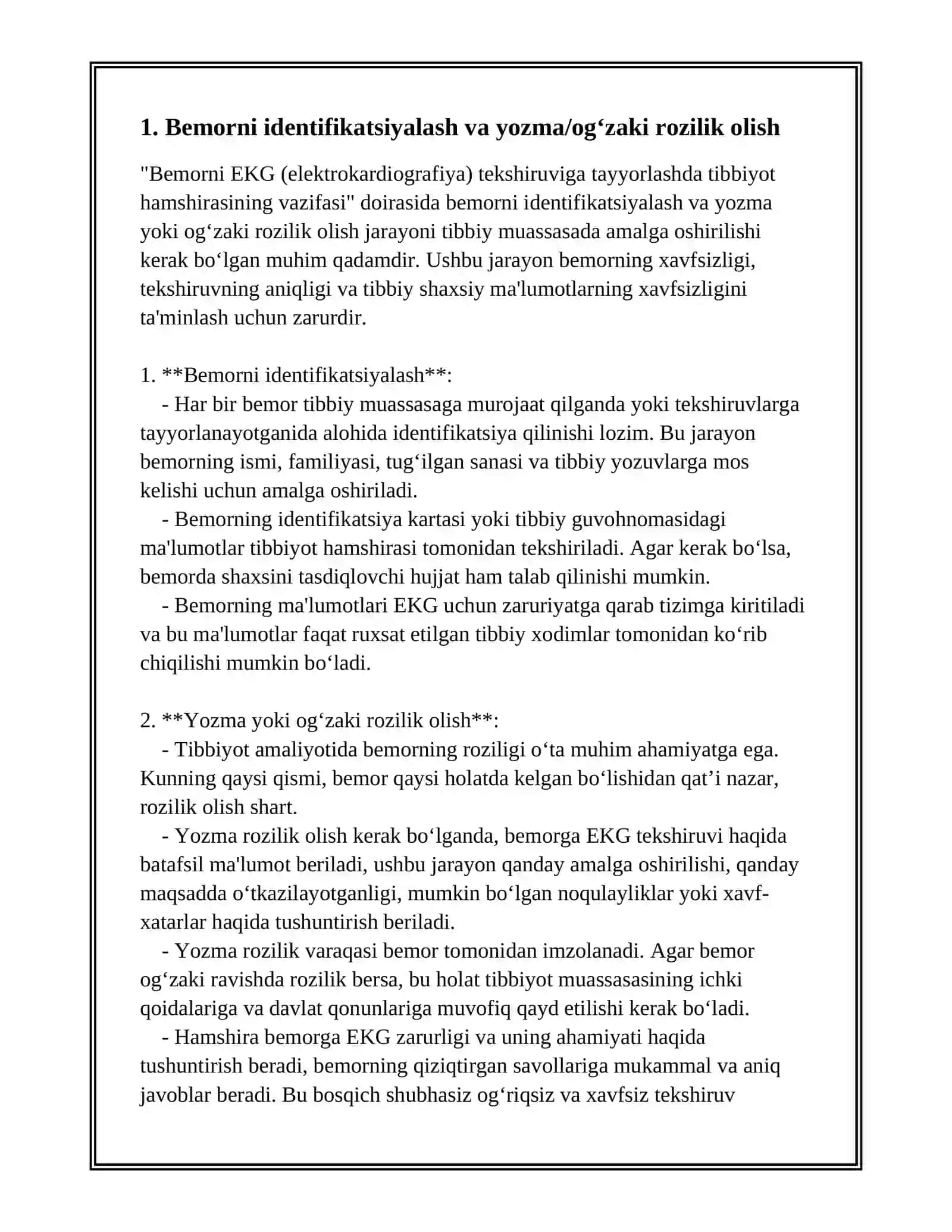 BEMORNI EKG TEKSHIRUVGA TAYYORLASHDA TIBBIYOT HAMSHIRASINING VAZIFASI BEMORLARNI EKG QILISH VA SHARHLASH 2