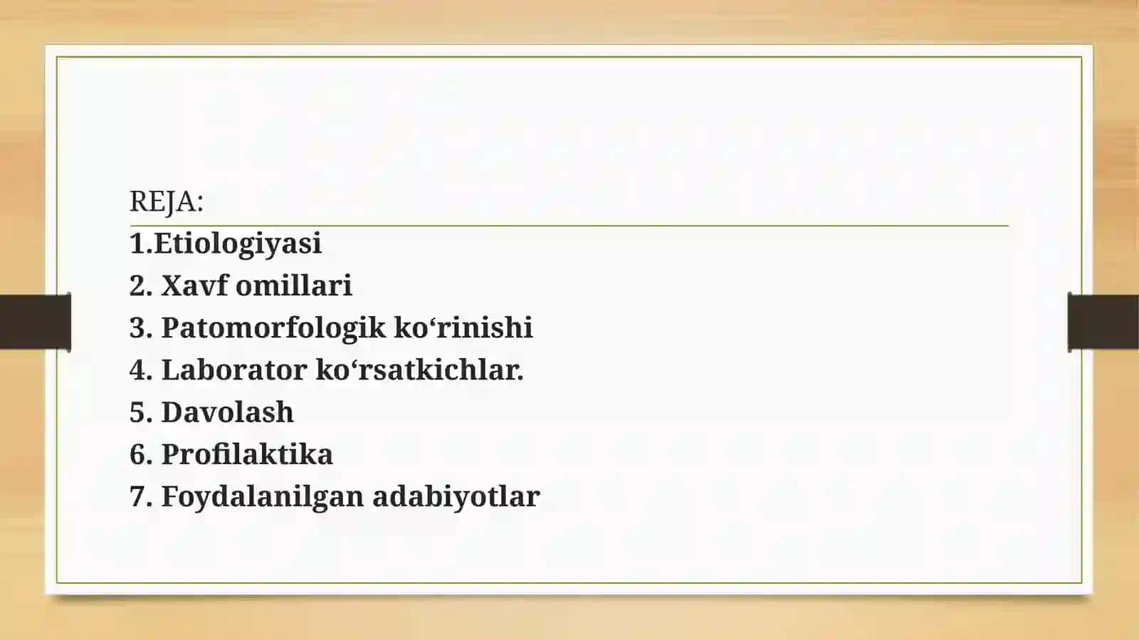 Mavzu:O‘tkir revmatik isitma (etiologiya, patogenez, klinika, tekshiruv uslublari, kechishi, davolash). 2