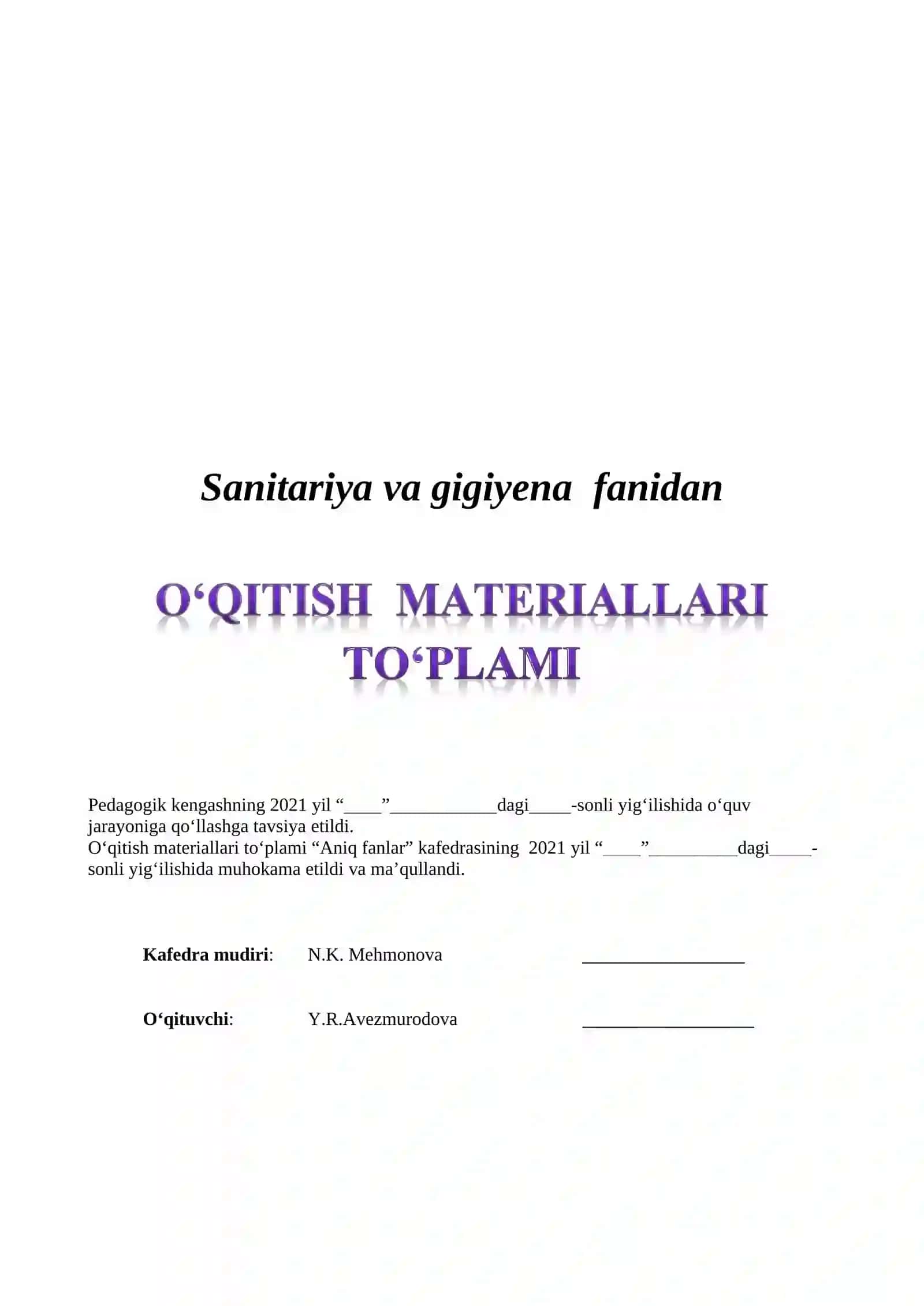 Sanitariya va gigiyena fanidan o'qitish materiallari to'plami 2