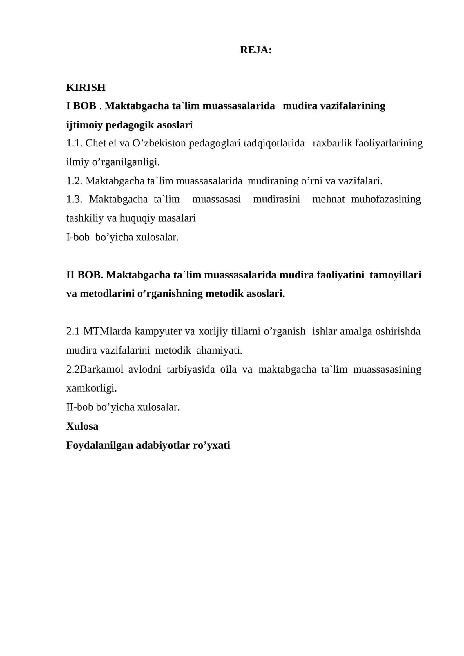 “Mudira- maktabgacha ta`lim muassasasining raxbari sifatida.” KURS ISHI 2