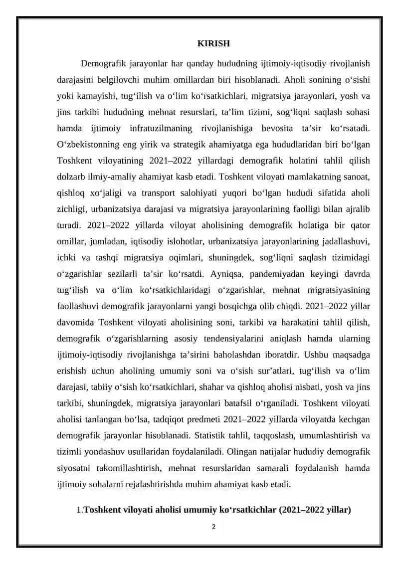 Toshkent viloyati aholisi demografiyasi 2021-2022 yillarda 2