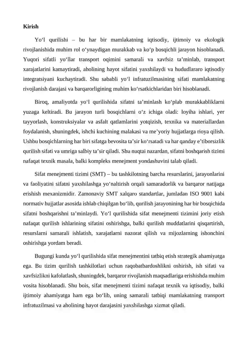 Yo'l qurilishida sifat menejmenti tizimini joriy qilish 2