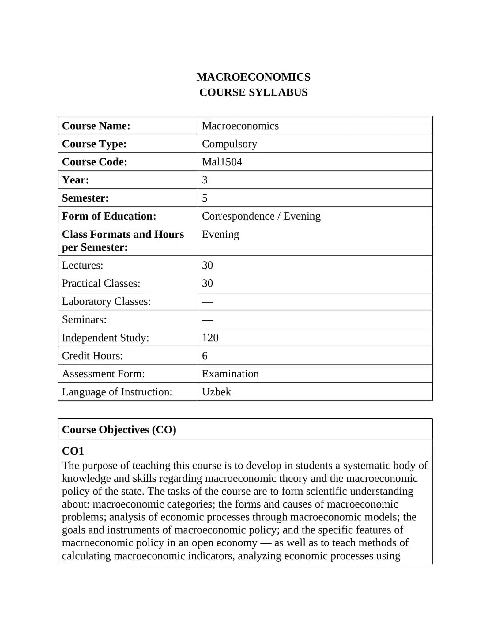 MACROECONOMICS COURSE SYLLABUS 2