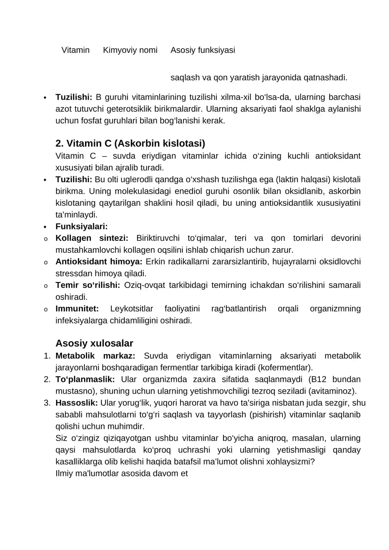 Suvda eriydigan vitaminlar tuzulishi va funksiyalari 2