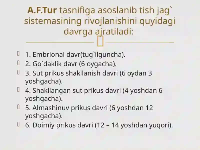 Tish jag’ tizimining taraqqiyoti.Bolalar chaynov apparatining anatomo-fiziologik xususiyatlari. 2