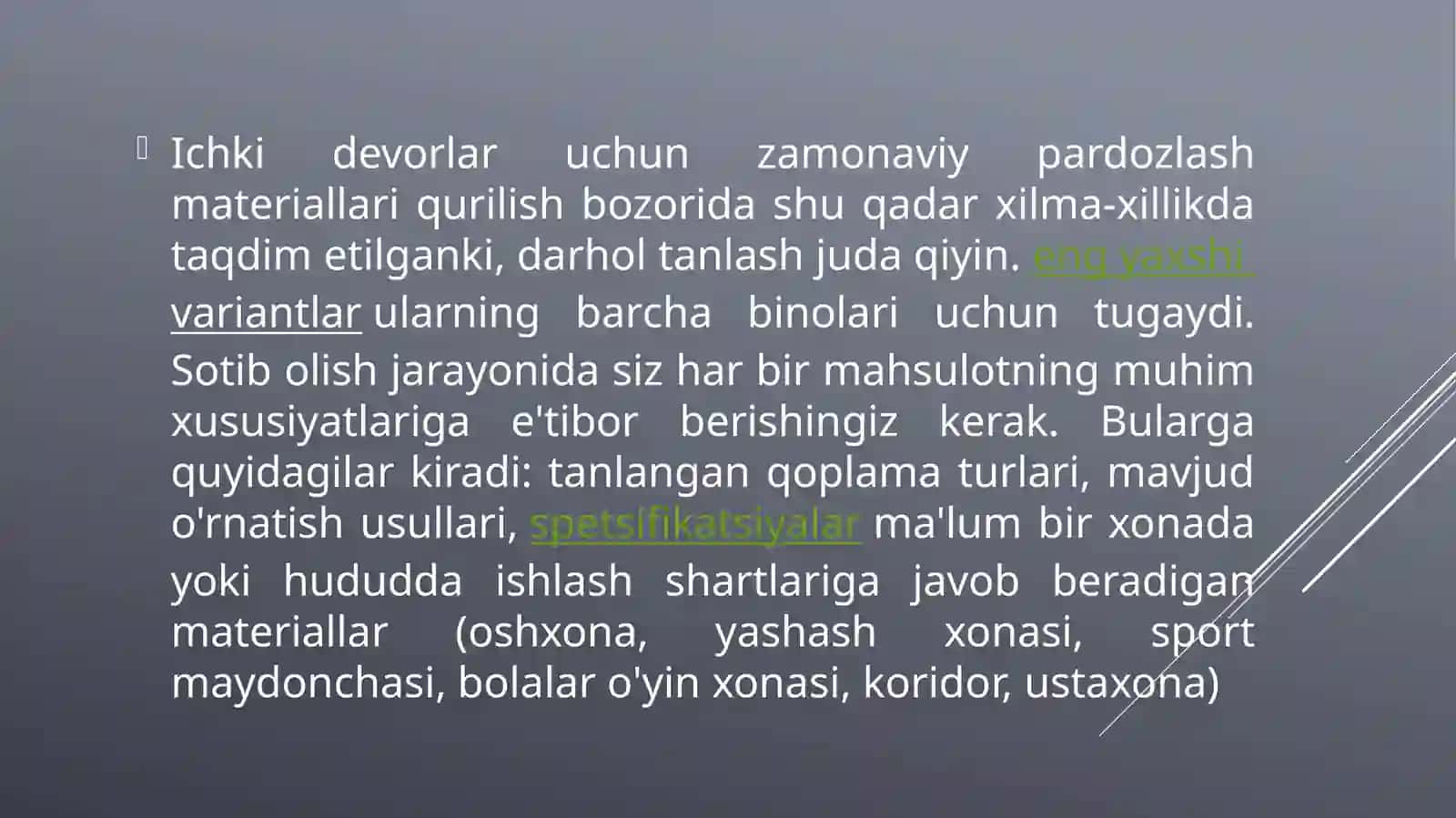 Devor va shiftlar uchun pardozlovchi materiallar 2