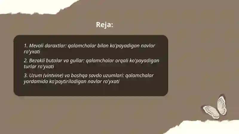 Madaniy osimliklarniniʼg qalamchalari va yovvoyi oʻsimliklarning ildiz bachki va ildiz poyalar yordamida kopayuvchi oʻsimliklar royhati 2