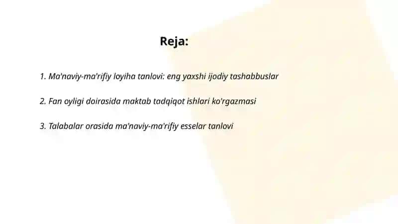 Ma'naviy-ma'rifiy loyiha tanlovi: eng yaxshi ijodiy tashabbuslar 2