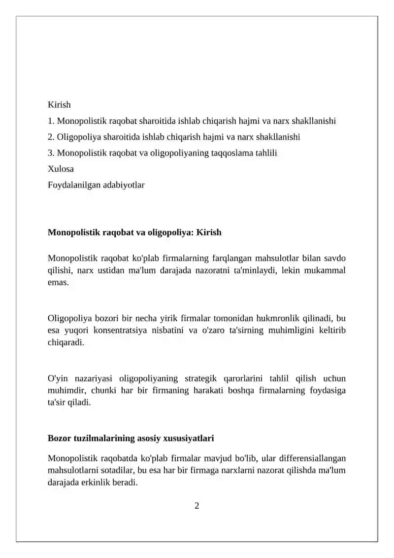 Monopolistik raqobat va oligopoliya sharoitida ishlab chiqarish hajmi va narxning shakllanishi 2