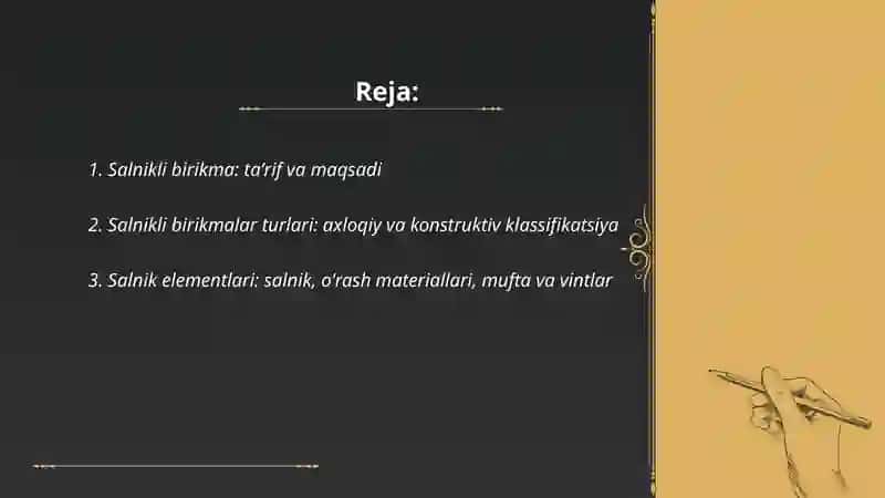 Salnikli birikmalar va ularni chizmasini bajarish 2