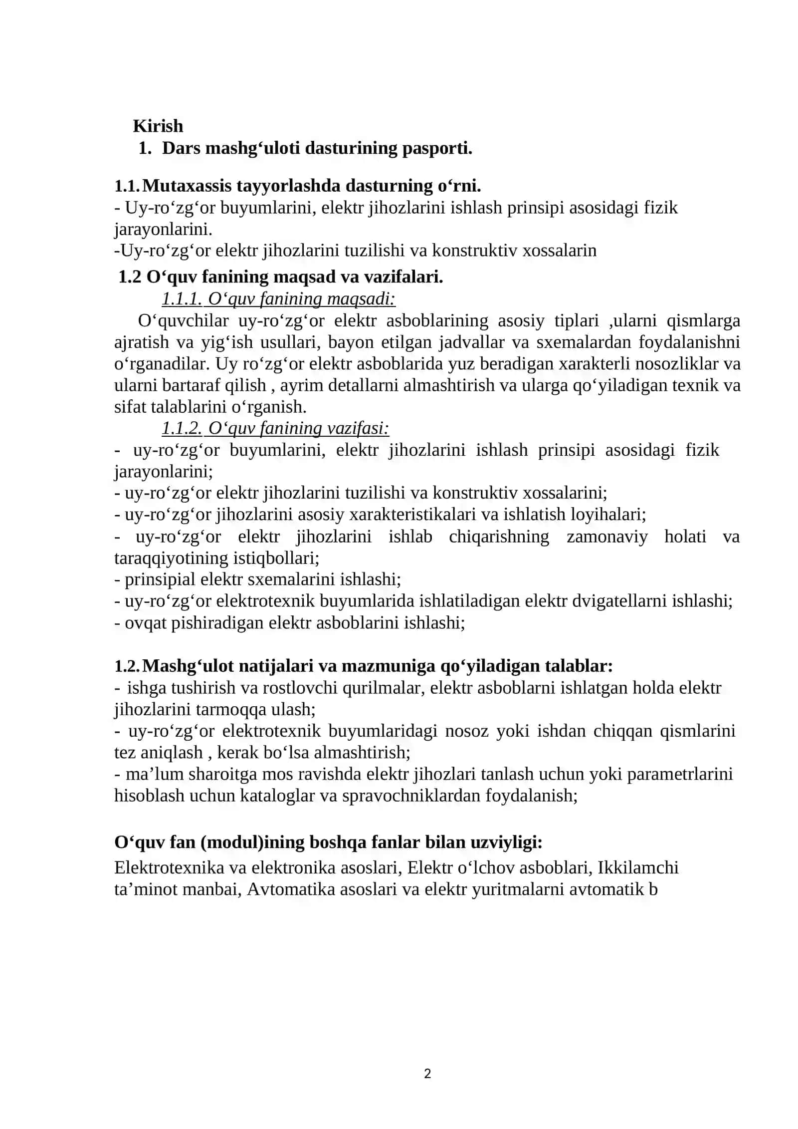 UY-RO‘ZG‘OR ELEKTROTEXNIK BUYUMLARI VA ULARNI TA’MIRLASH   O‘QITISH MATERIALLARI TO‘PLAMI 2