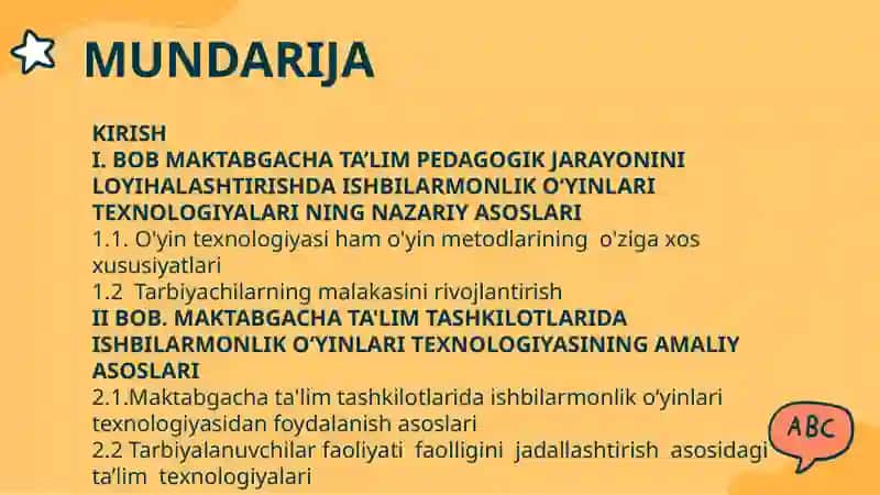 "MAKTABGACHA TA’LIM PEDAGOGIK JARAYONINI LOYIHALASHTIRISHDA ISHBILARMONLIK O‘YINLARI TEXNOLOGIYALARI" 2