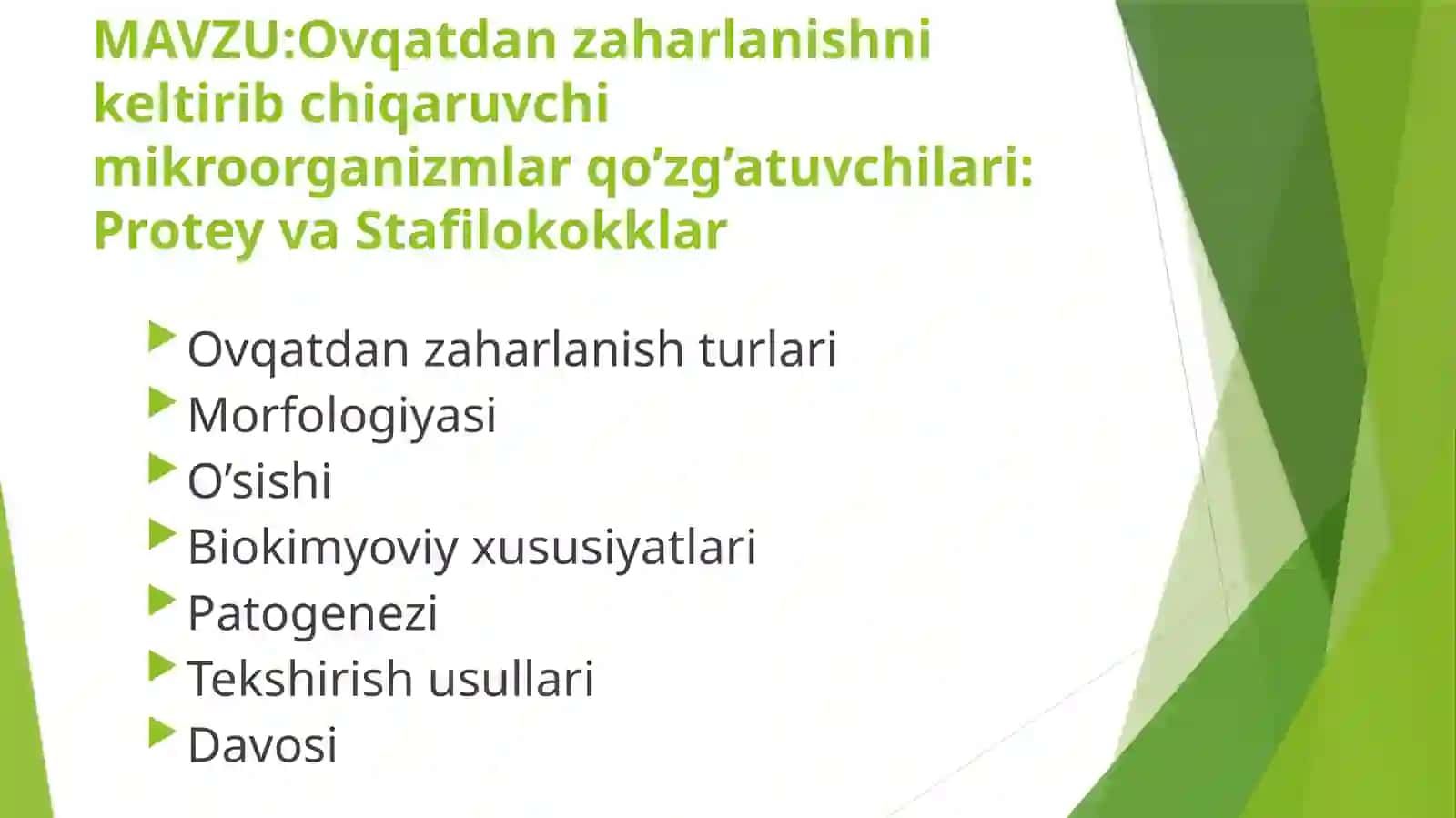 MAVZU:Ovqatdan zaharlanishni keltirib chiqaruvchi mikroorganizmlar qo’zg’atuvchilari: Protey va Stafilokokklar haqida ma'lumotlar 2
