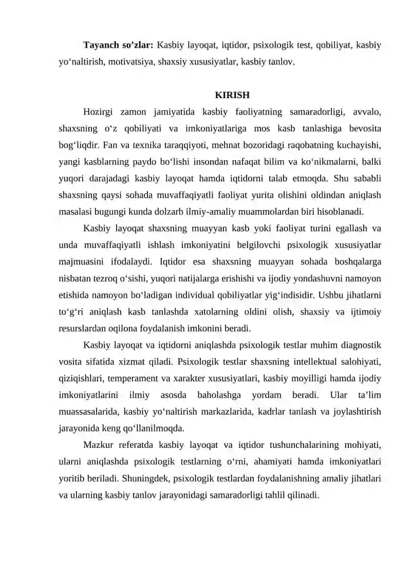 Kasbiy layoqat va iqtidorni aniqlashda psixologik testlarning o‘rni 2