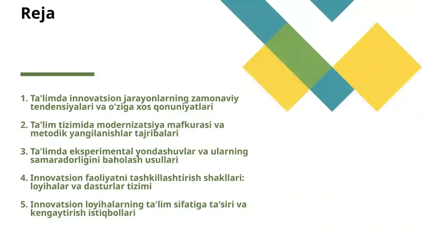 TA'LIMDA INNOVATSION JARAYONLAR TENDENSIYALARI VA QONUNLARI.TA'LIMDA MODERNIZATSIYA VA EKSPEREMENT.INNOVATSION FAOLIYATNI AMALGA OSHIRISH SHAKLLARI:INNOVATSION LOYIHALAR VA DASTURLAR 2