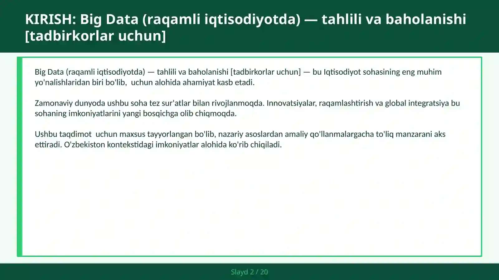 Big Data (raqamli iqtisodiyotda) — tahlili va baholanishi [tadbirkorlar uchun] 2