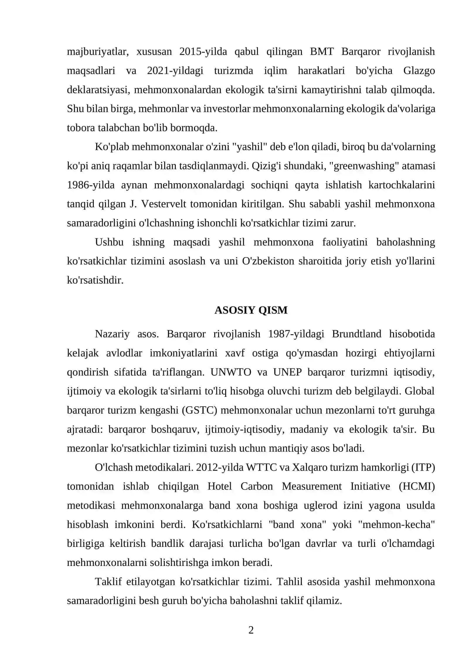 YASHIL MEHMONXONA SAMARADORLIGINI BAHOLASHNING KO'RSATKICHLAR TIZIMI VA UNI O'ZBEKISTONDA JORIY ETISH 2