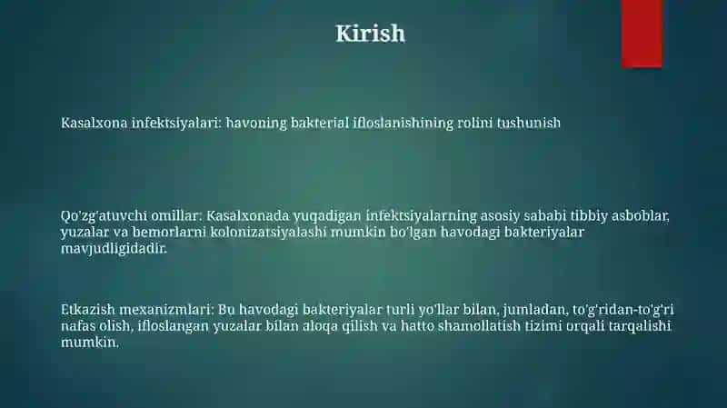 Kasalxona Ichi Infeksiyalarining Kelib Chiqishi Uchun Havoning Bakterial Ifloslanganligining Ahamiyati 2