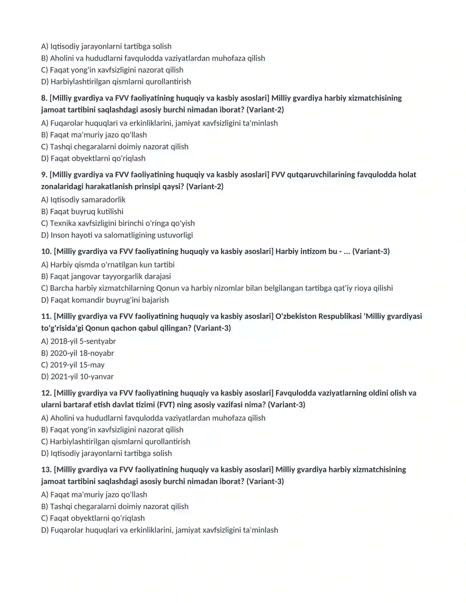 MILLIY GVARDIYA VA FAVQULODDA VAZIYATLAR VAZIRLIGI (FVV) KASBIY VA PSIXOLOGIK TEST SAVOLLARI TO'PLAMI 2