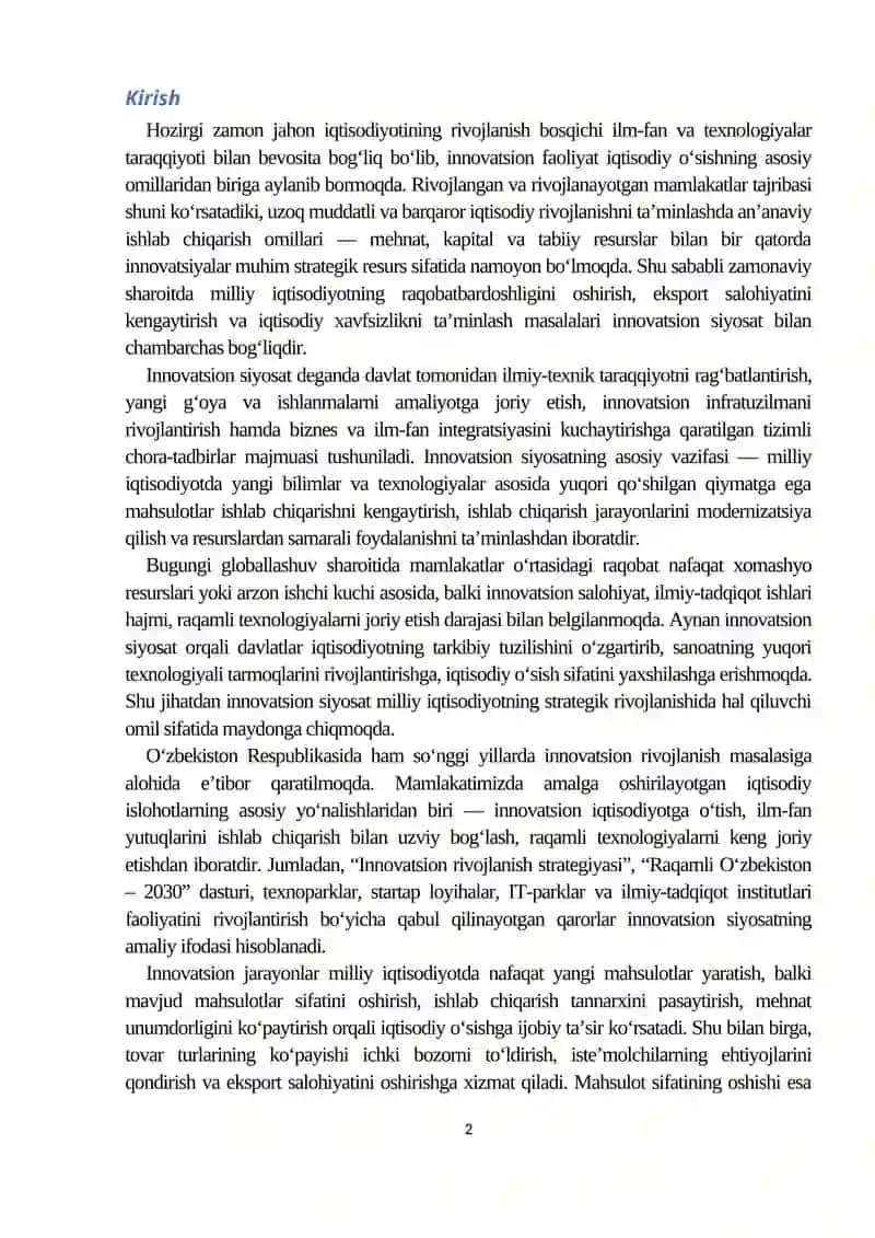 Innovatsion siyosatning milliy iqtisodiyotdagi o'rni va ahamiyati 2