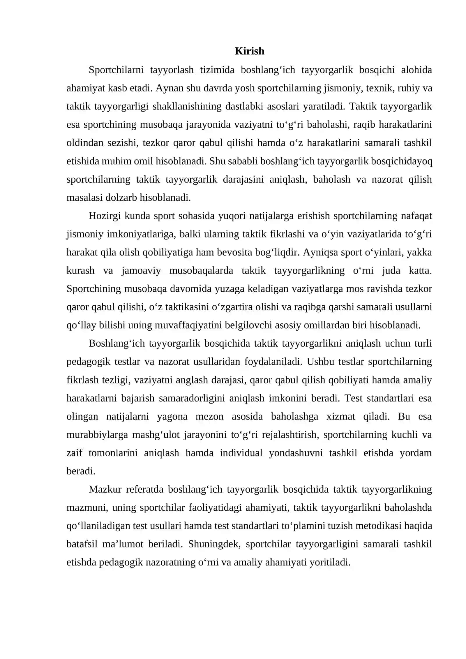 Boshlang'ich tayyorgarlik bosqichida taktik tayyorgarlikni garlikni aniqlash uchun test standartlari to'plamini tuza olish 2