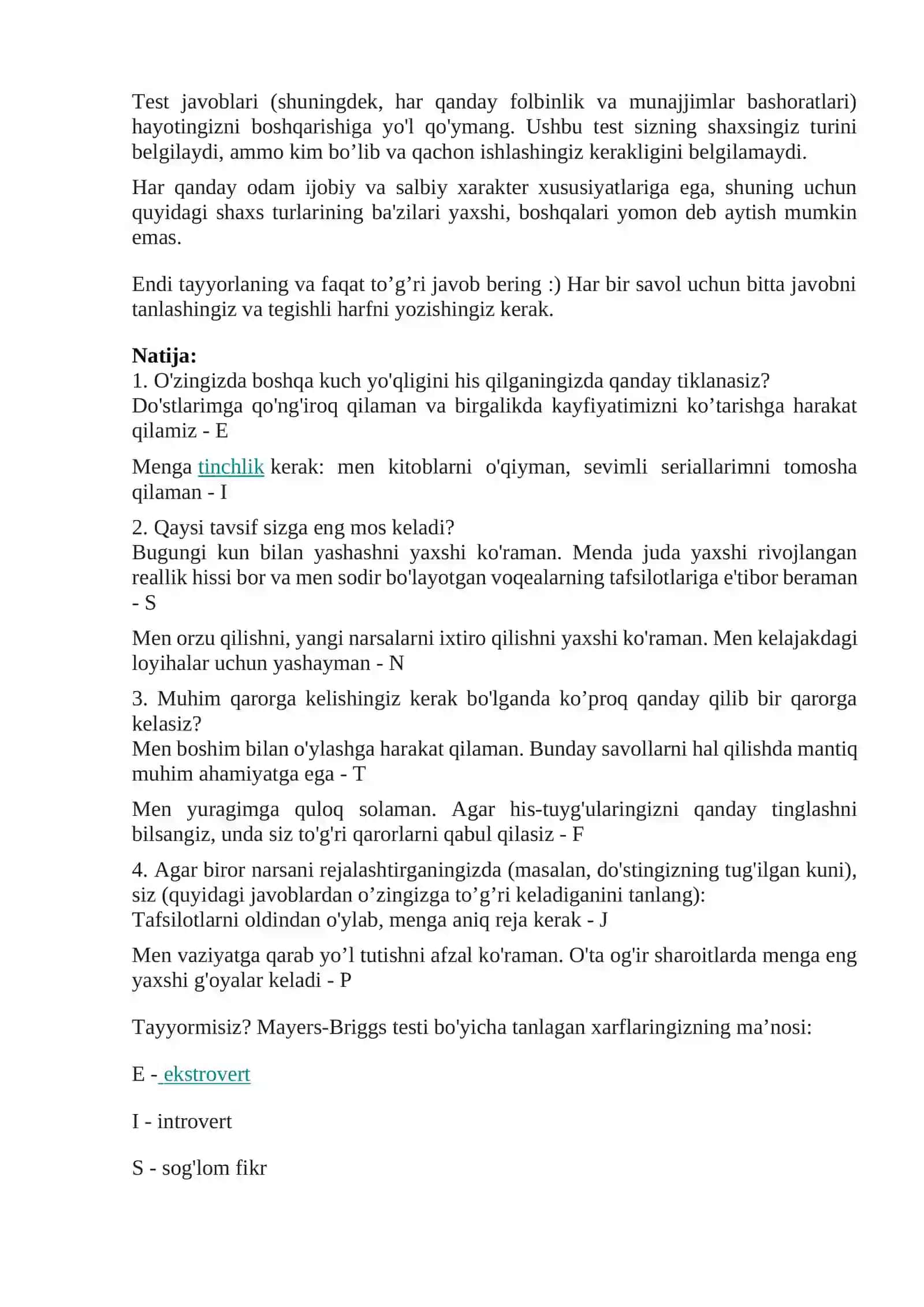 Mayers-Briggs so'rovnomasi 2