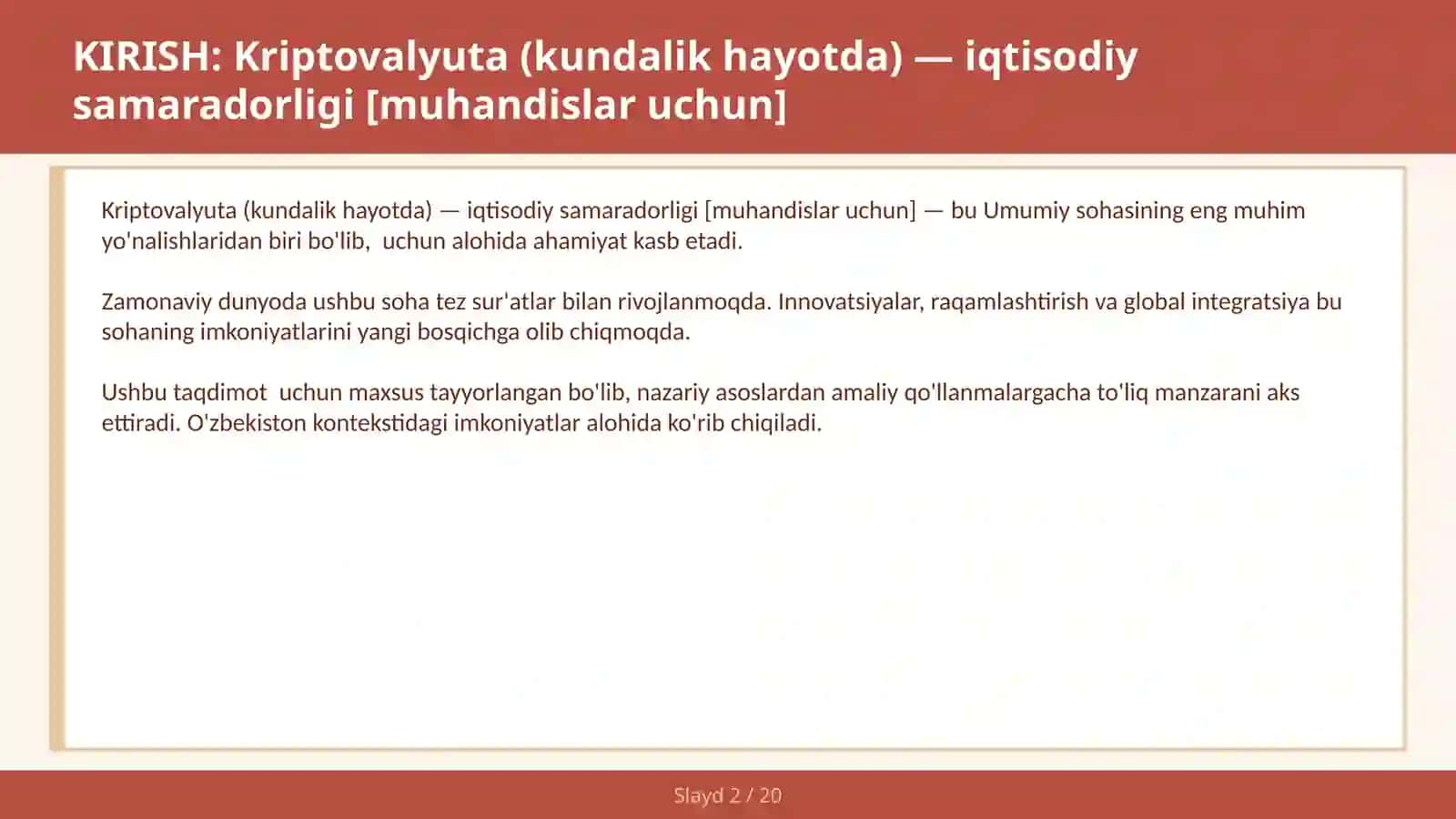 KRIPTOVALYUTA (KUNDALIK HAYOTDA) — IQTISODIY SAMARADORLIGI [MUHANDISLAR UCHUN] 2