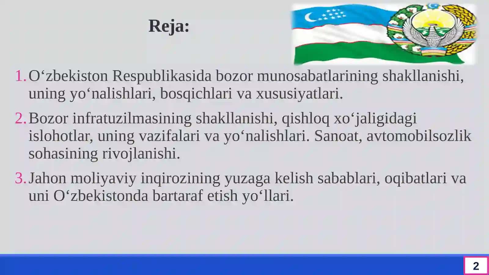 Iqtisodiy islohotlar, xususiy mulkchilikning shakllanishi. O‘zbekistonda bozor munosabatlarining rivojlanishi 2
