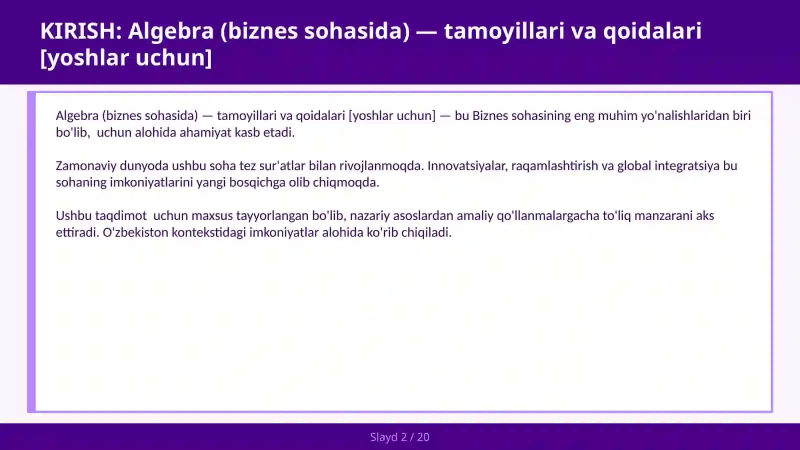 Algebra (biznes sohasida) — tamoyillari va qoidalari [yoshlar uchun] 2