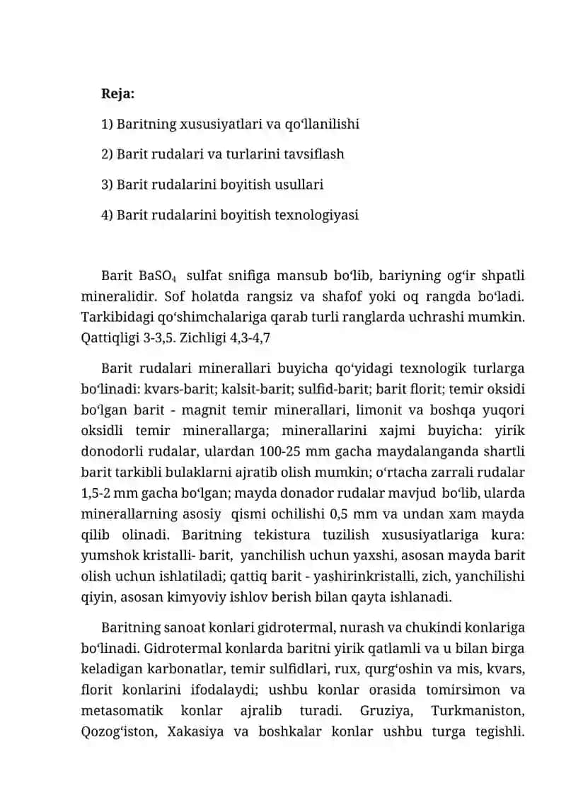 Baritli rudalarni boyitish texnologiyasi mustaqil ish 2