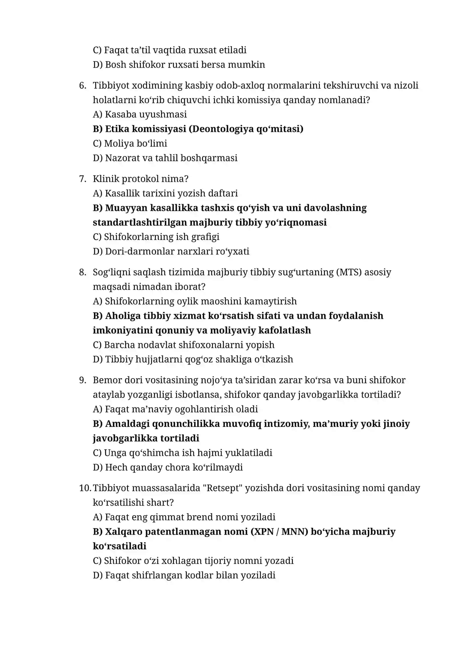 TIBBIYOT SOHASI UCHUN ARGOS TESTI 135 talik test javob formatda 2