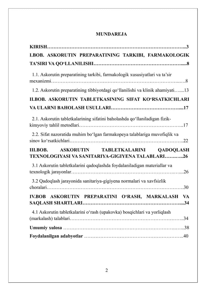 Askorutin tabletkasini №50 sifatini baholash, qadoqlash va o’rash 2