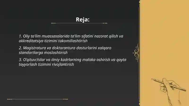 O'zbekiston Respublikasida Oliy ta'lim va undan keyingi ta'limning takomillashtirilishi 2