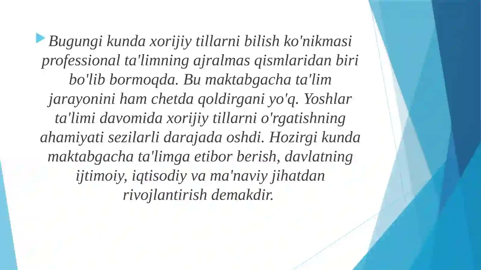 Maktabgacha ta’lim tashkiloti guruhlarida ingliz tili o’rgatish metodikasi fanining predmeti va vazifalari 2