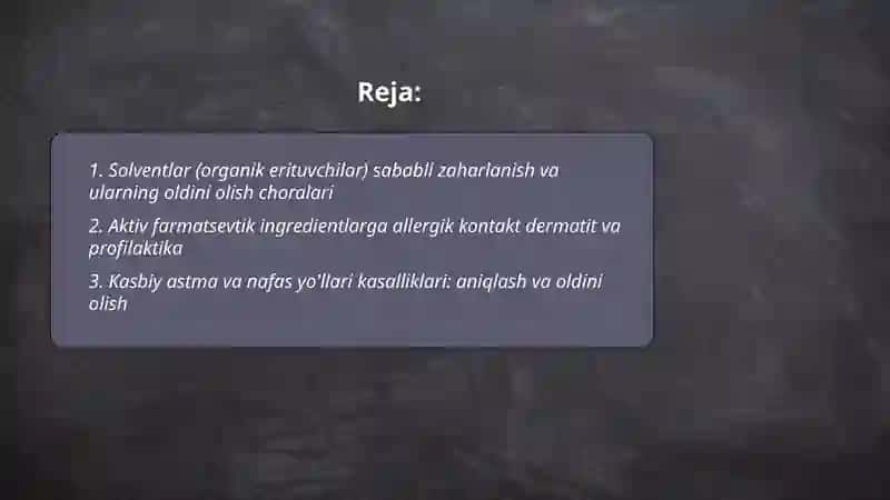 Kimyo-farmasevtika korxonalari ichchilarida uchraydigan kasb kasalliklari va ularni oldini olish choralari 2