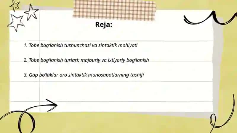 Tobe bogʻlanish va gap boʻlaklar oʻrtasidagi sintaktik munosabatlar 2