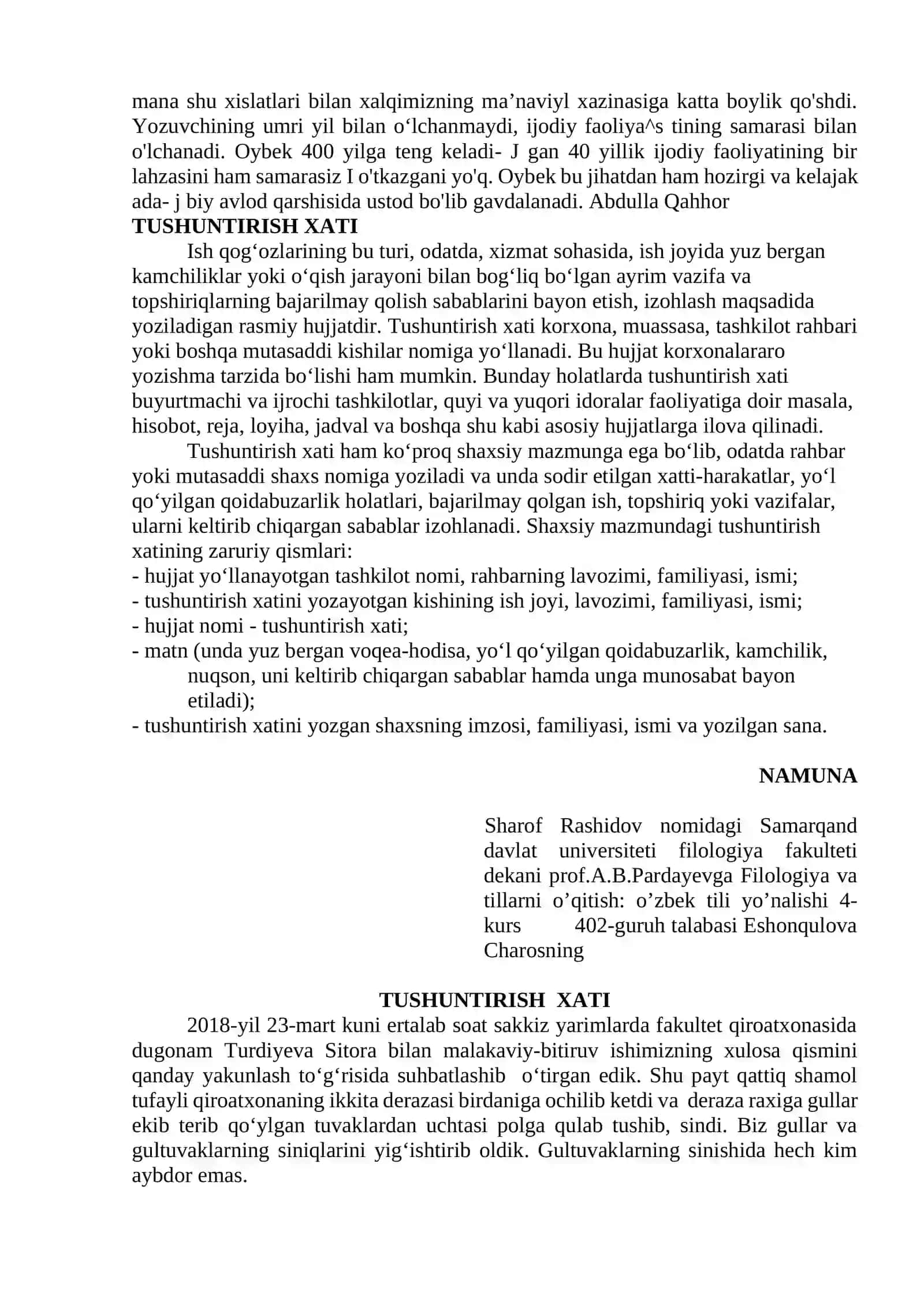 ISHONCHNOMA, TILXAT VA TUSHUNTIRISH XATI MATNI USTIDA ISHLASH VA SHAKLLANTIRISH 2