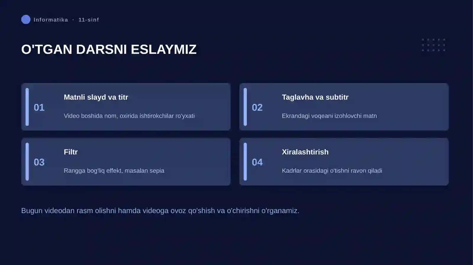VIDEOKLIPDAN TASVIR HOSIL QILISH. VIDEOKLIPGA OVOZLI MA'LUMOT QO'SHISH VA O'CHIRISH 2