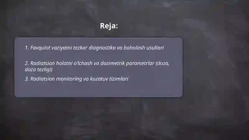 Favqulotda vaziyatni baholash. Radiatsion holat. Radioaktiv zararlanish manbaalari. Zonalar tavsifi 2