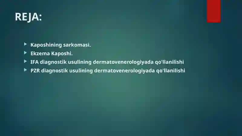 Kaposhining sarkomasi. Ekzema Kaposhi. IFA va PZR diagnostik usullarning dermatovenerologiyada qo'llanilishi 2