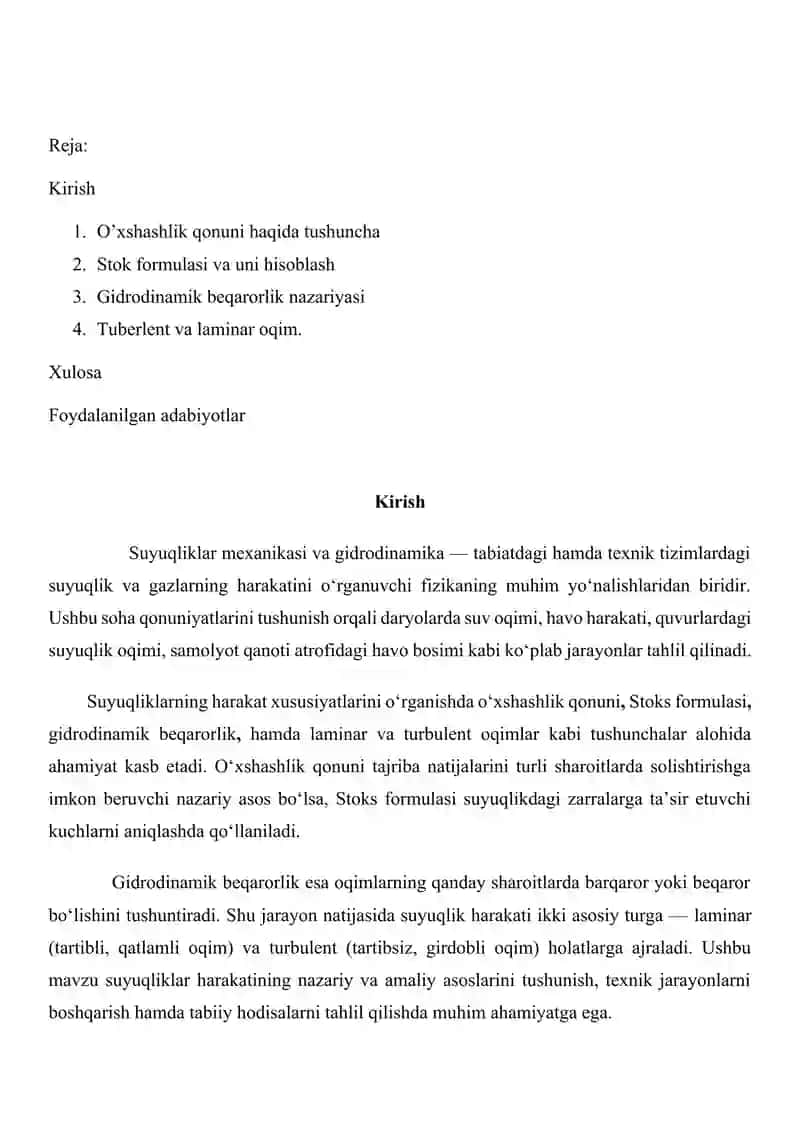 O‘xshashlik qonuni. Stoks formulasi. Gidrodinamik beqarorlik. Turbulent va laminar oqim 2