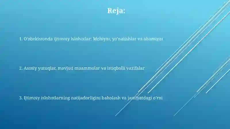 Ijtimoiy islohotlar aholining turmush darajasini oshirishga qaratilgan bo'lib, 2017-yildan boshlab 5 ta ustuvor yo'nalish bo'yicha amalga oshirilmoqda 2