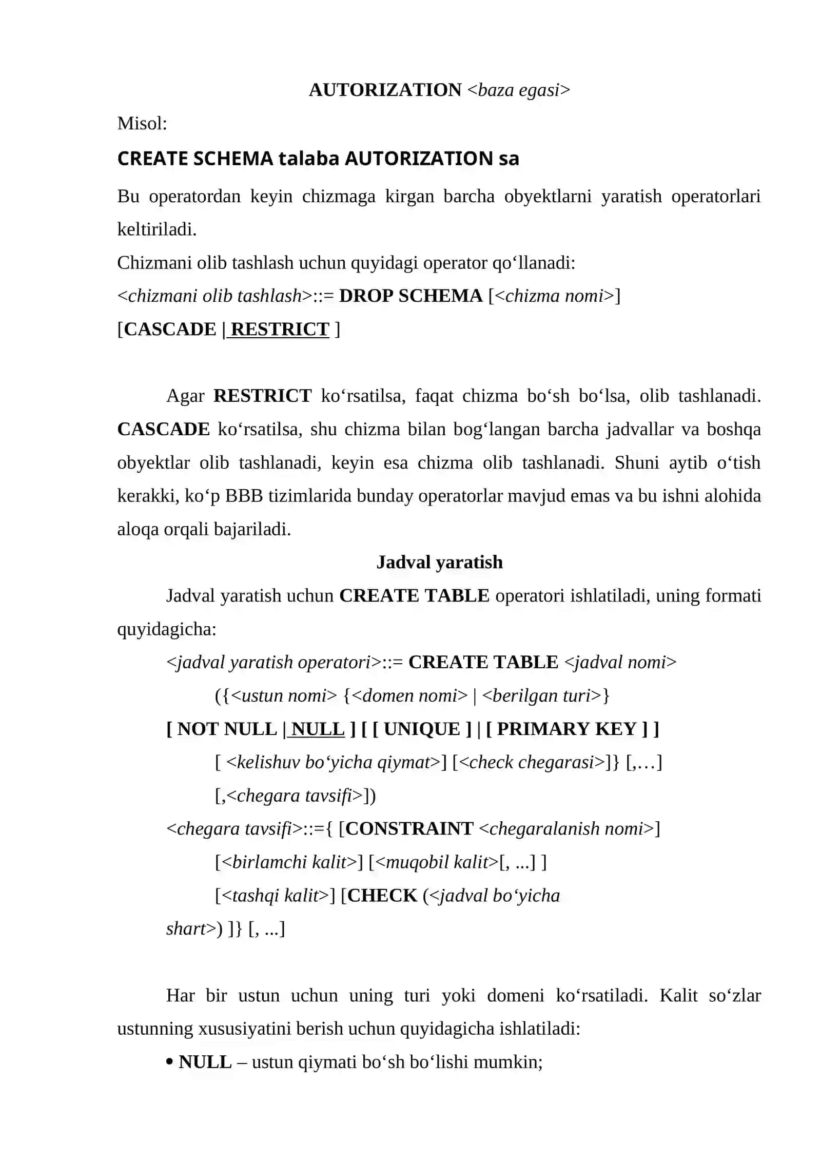 MA’LUMOTLAR BAZASI VA JADVALLAR YARATISH HAMDA O`CHIRISH OPERATORLARI 2